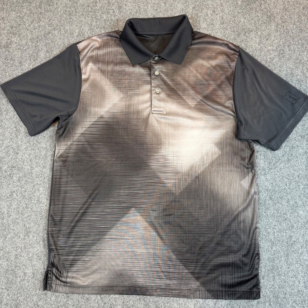 PGA Tour Mens Grey Black Geometric Print Short Sleeve Golf Polo Shirt XL